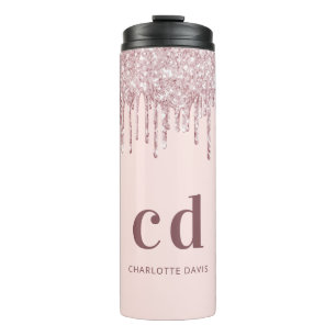 Rose gold blush glitter drips monogram name thermal tumbler