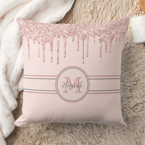 Rose gold blush glitter drips monogram name throw pillow