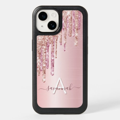 Rose gold blush glitter drips monogram sparkle OtterBox iPhone 14 case