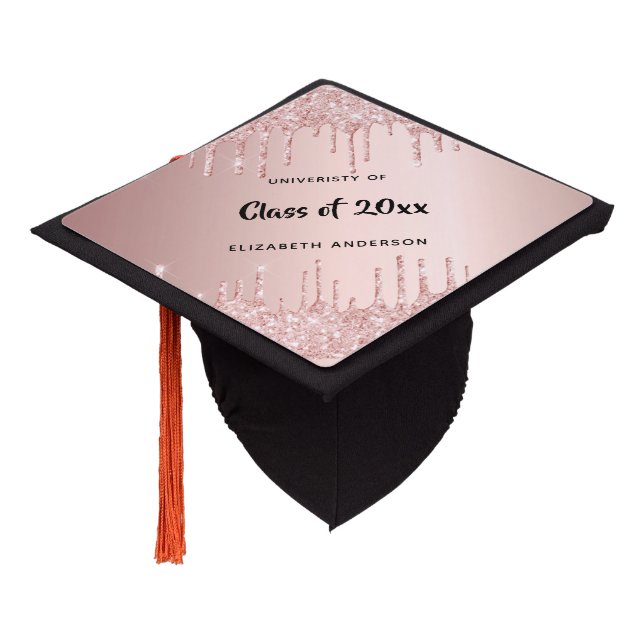 Rose gold blush glitter drips name school graduation cap topper (Angled)