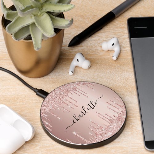 Rose gold blush glitter drips name script wireless charger 
