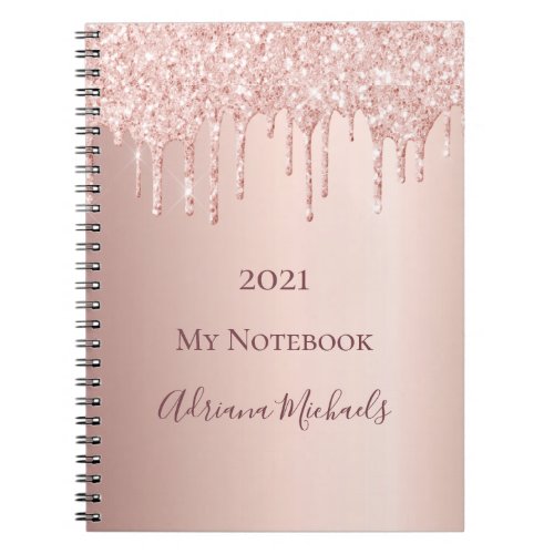 Rose gold blush glitter drips name year notebook