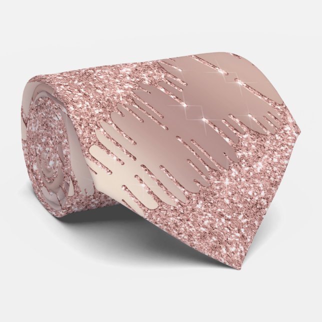 Rose Gold Blush Glitter Drips Party Neck Tie (Rolled)
