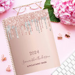 Rose gold blush glitter drips silver 2024 planner<br><div class="desc">An elegant rose gold, pink and faux silver glitter drips, paint dripping look. Template for a year.. Personalize and add a name and a title. The name is written in dark rose gold with a modern hand lettered style script. Perfect for business, school, diary, work or organizing your personal/family life....</div>
