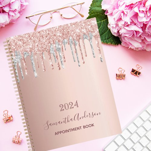 Rose gold blush glitter drips silver 2025 planner