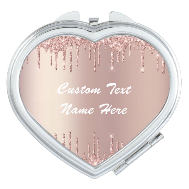 Rose Gold Blush Glitter Drips Text Compact Mirror (Front)