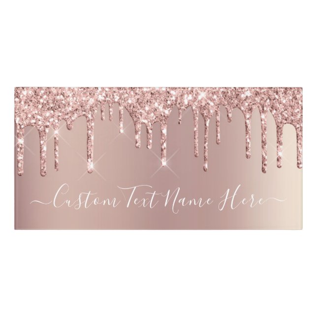 Rose Gold Blush Glitter Drips Text Name Door Sign (Classic Front)
