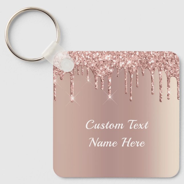 Rose Gold Blush Glitter Drips Text Name Keychain (Front)