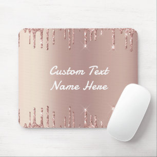 Rose Gold Blush Glitter Drips Text Name Mouse Pad