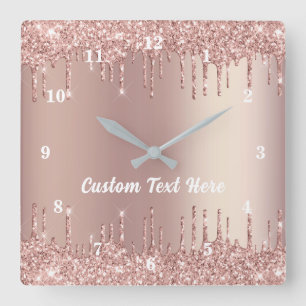 Rose Gold Blush Glitter Drips Text Name Wall Clock