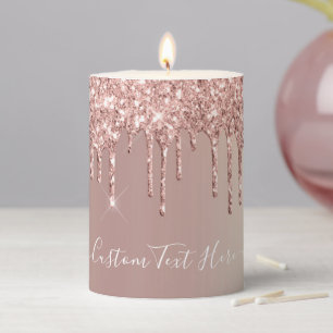 Rose Gold Blush Glitter Drips Text Pillar Candle