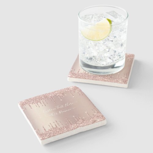 Rose Gold Blush Glitter Drips Text Stone Coaster