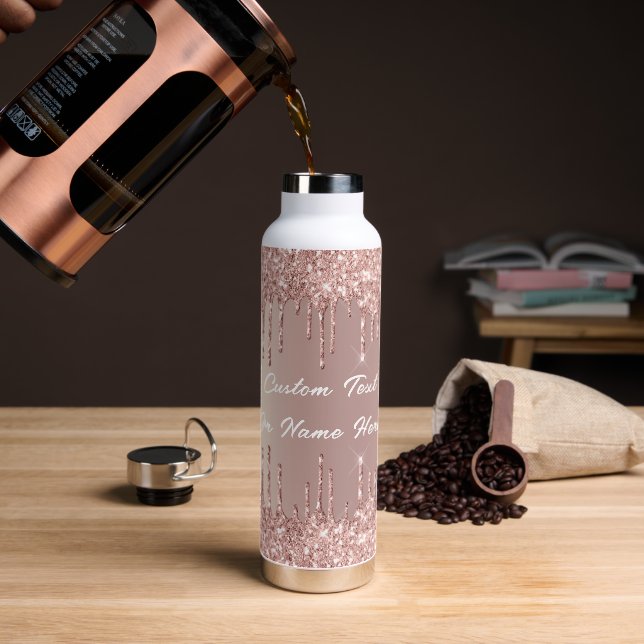 Rose Gold Blush Glitter Drips Text Water Bottle (Coffee)