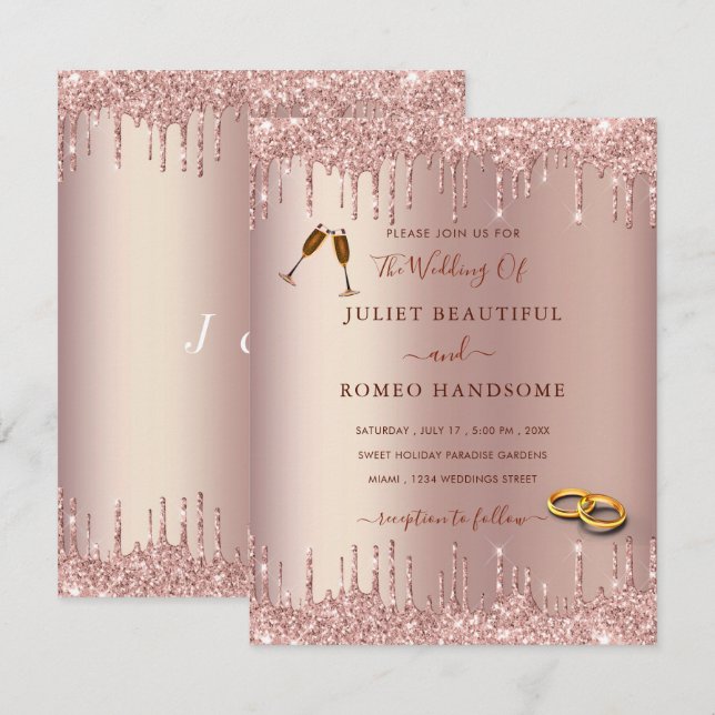 Rose Gold Blush Glitter Drips Wedding Invitation (Front/Back)