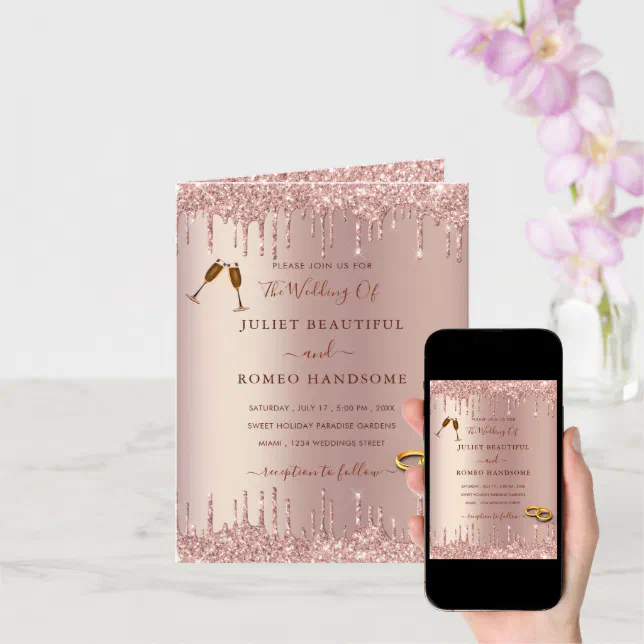 Rose Gold Blush Glitter Drips Wedding Invitation Zazzle 