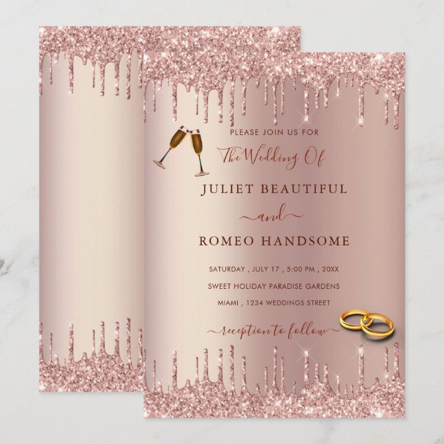 Rose Gold Blush Glitter Drips Wedding Invitation (Front/Back)