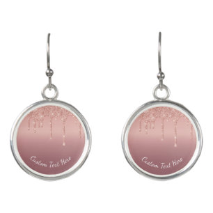 Rose Gold Blush Glitter Drips with Text Wedding Earrings