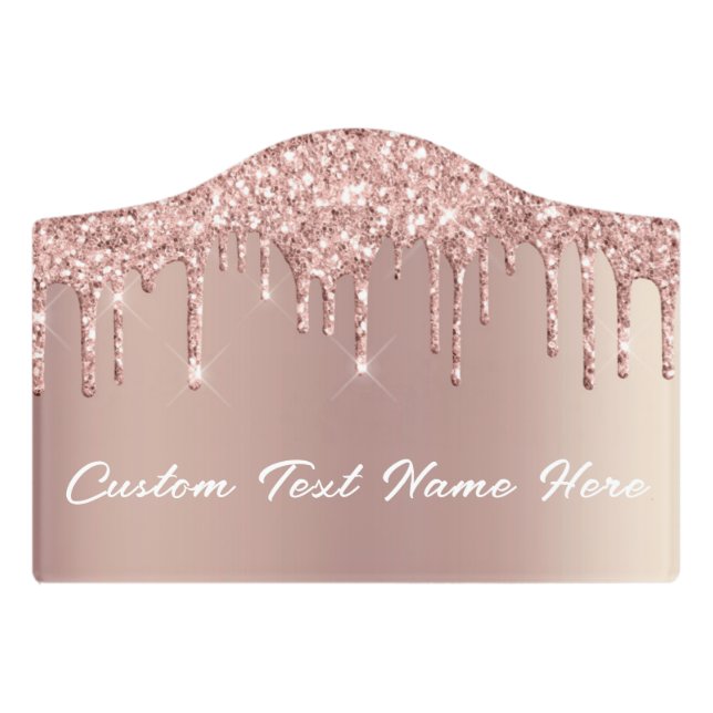 Rose Gold Blush Glitter Drips Your Name Door Sign (Small Crest Front)