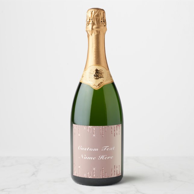 Rose Gold Blush Glitter Drips Your Text - Name Sparkling Wine Label (Front)