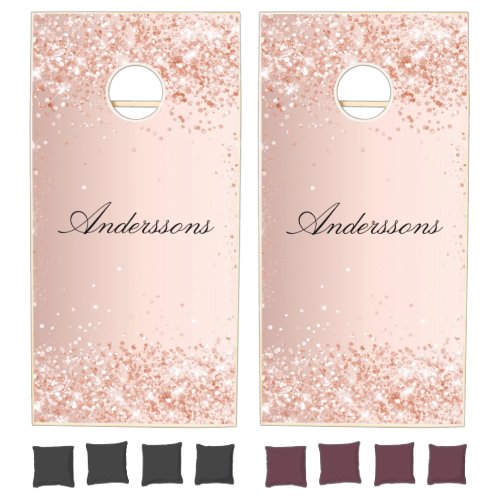 Rose gold blush glitter family name cornhole set