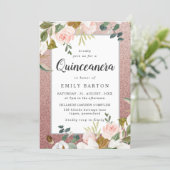 Rose Gold Blush Glitter Floral Modern Quinceanera Invitation (Standing Front)