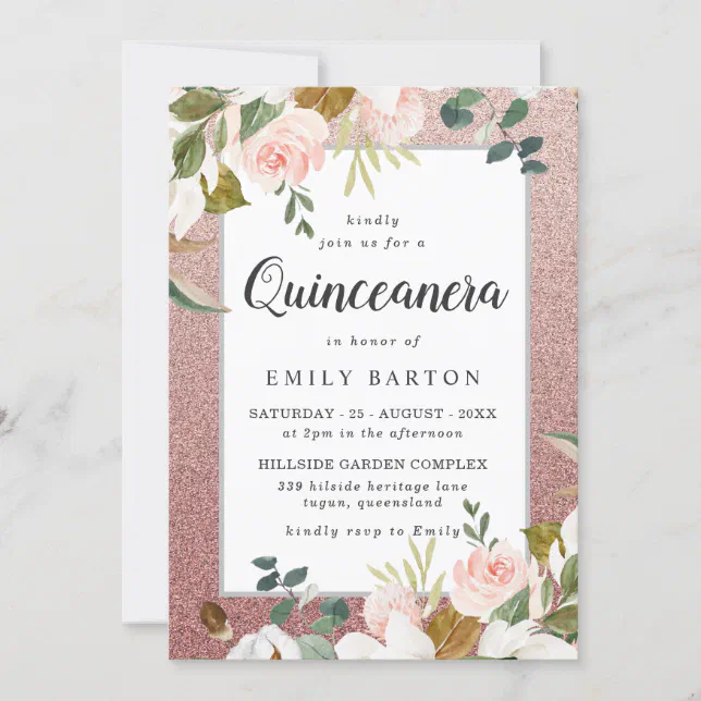 Rose Gold Blush Glitter Floral Modern Quinceanera Invitation | Zazzle