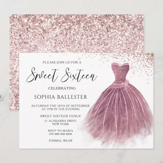 Rose Gold Blush Glitter Gown Sweet 16 Party Invitation (Front/Back)