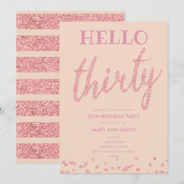Rose Gold Blush Glitter "Hello Thirty" Birthday Invitation (Front/Back)