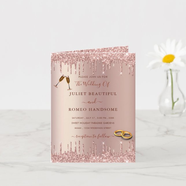 Rose Gold Blush Glitter Luxury Wedding Invitation (Small Plant)