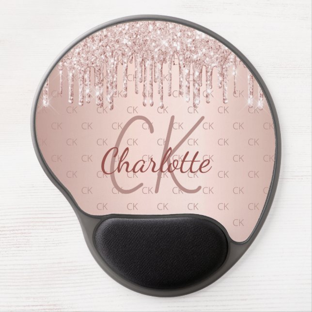 Rose gold blush glitter monogram initials gel mouse pad (Front)