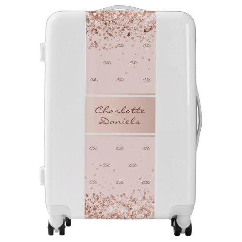 Rose gold blush glitter monogram modern name  luggage