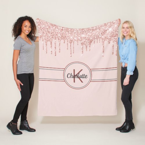 Rose gold blush glitter monogram name fleece blanket