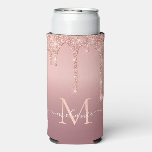 Rose Gold Blush Glitter Name Letter Can Cooler