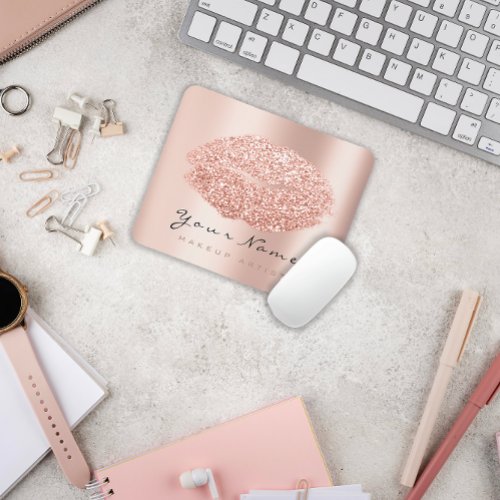 Rose Gold Blush Glitter Name Makeup Lips Kiss Mouse Pad