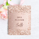 Rose gold blush glitter name script 2025 planner<br><div class="desc">A faux rose gold metallic looking background with faux glitter,  sparkles.  Personalize and add a name. The name is written in dark rose gold with a large modern hand lettered script,  signature style. Perfect for school,  work or organizing your personal/family life.</div>