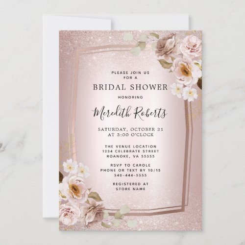 Rose Gold Blush Glitter Ombre Floral Bridal Shower Invitation