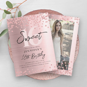 Rose Gold Blush Glitter Photo Sweet 16 Party Invitation