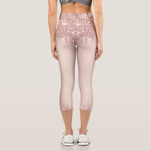 Rose Gold Blush Glitter Sparkle Drips Belly Dance Capri Leggings