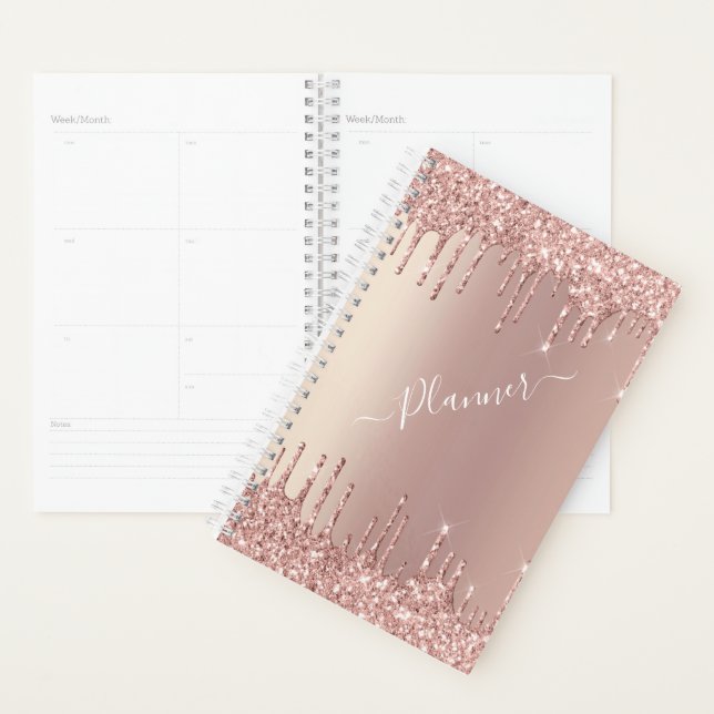Rose Gold Blush Glitter Sparkle Drips Chic Modern Planner (Display)