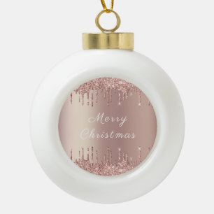 Rose Gold Blush Glitter Sparkle Drips  Christmas Ceramic Ball Christmas Ornament