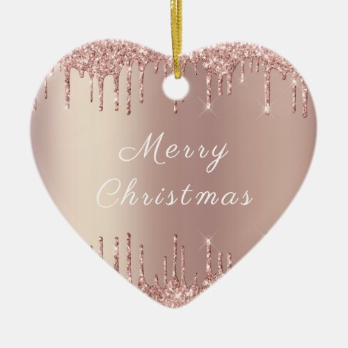 Rose Gold Blush Glitter Sparkle Drips  Christmas  Ceramic Ornament