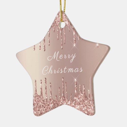 Rose Gold Blush Glitter Sparkle Drips  Christmas  Ceramic Ornament