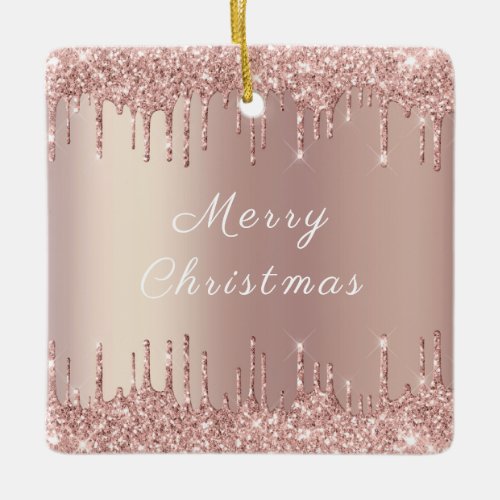 Rose Gold Blush Glitter Sparkle Drips _ Christmas Ceramic Ornament