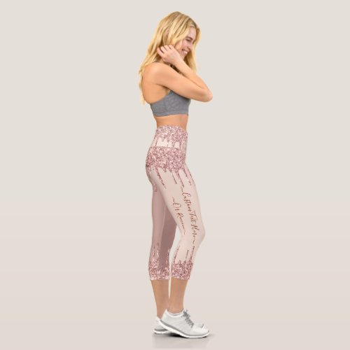 Rose Gold Blush Glitter Sparkle Drips Custom Text  Capri Leggings