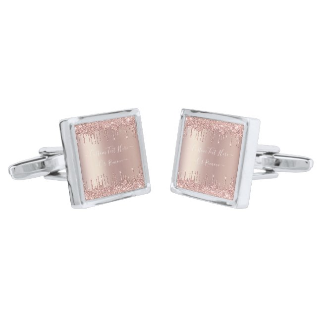Rose Gold Blush Glitter Sparkle Drips Custom Text  Cufflinks (Angled)