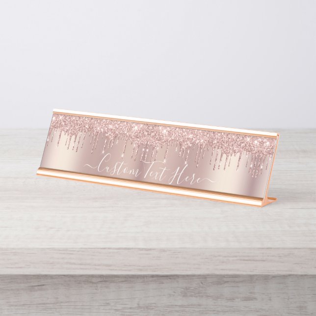 Rose Gold Blush Glitter Sparkle Drips Custom Text  Desk Name Plate (Front)