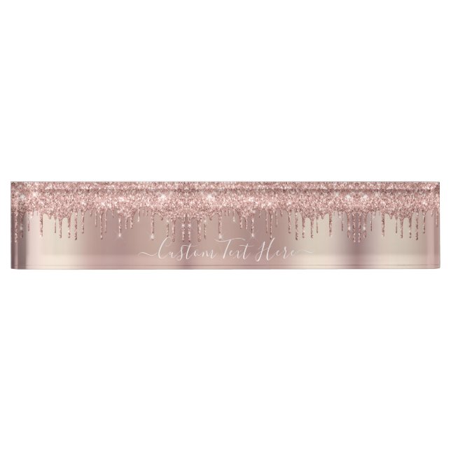 Rose Gold Blush Glitter Sparkle Drips Custom Text  Desk Name Plate (Front)