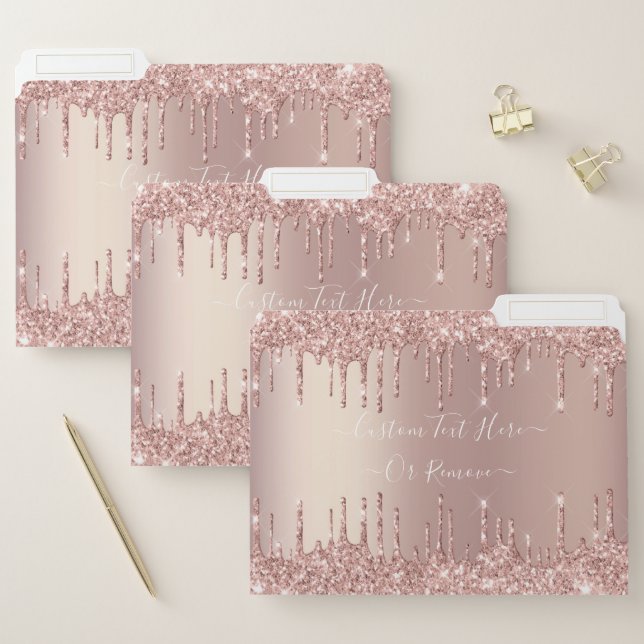 Rose Gold Blush Glitter Sparkle Drips Custom Text  File Folder (Set)
