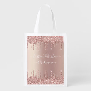 Rose Gold Blush Glitter Sparkle Drips Custom Text Grocery Bag