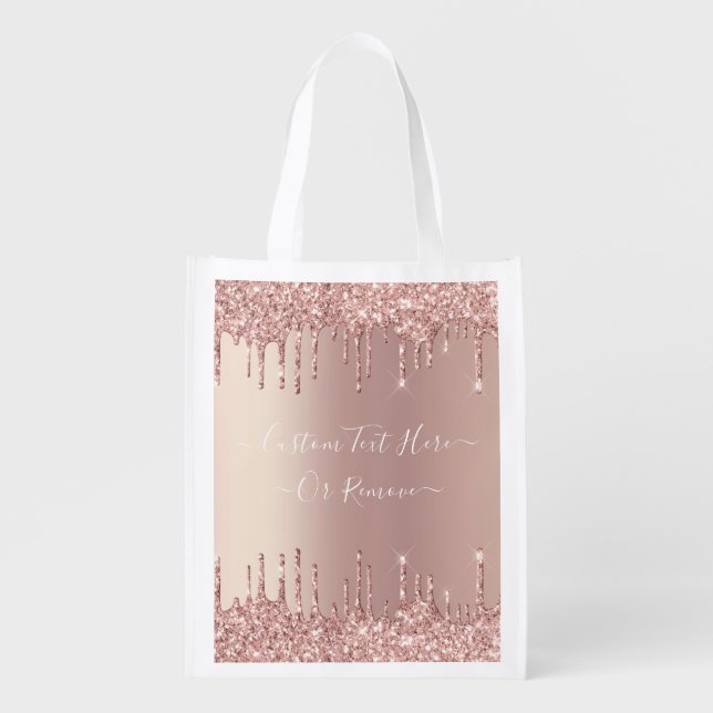Rose Gold Blush Glitter Sparkle Drips Custom Text  Grocery Bag (Front)